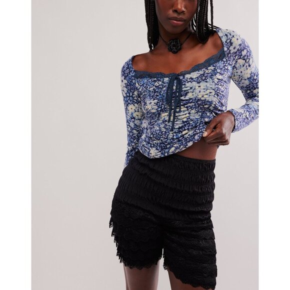 Free People Blue Puff Sleeve Smocked Blouse - Picture 2 of 5